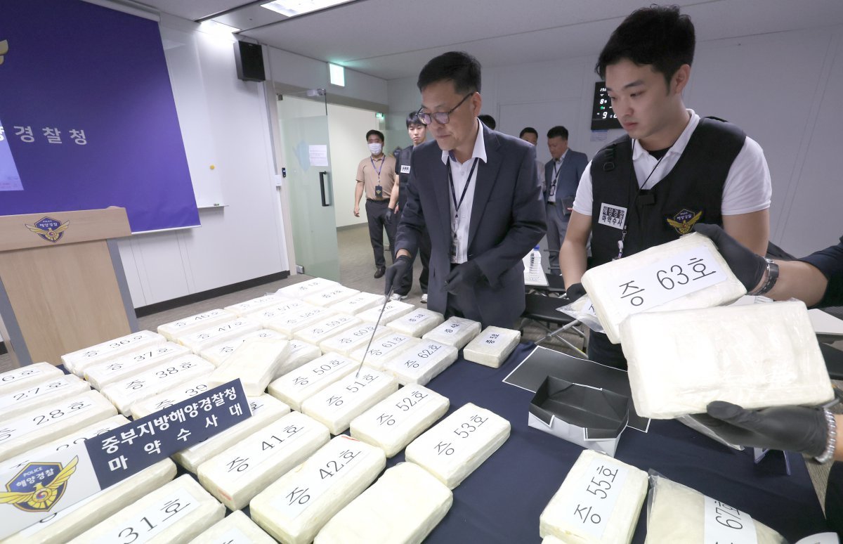 19일 중부지방해양경찰청 마약수사대는 선박을 통해 국내로 1800억 원 상당의 코카인을 밀반입한 캐나다 마약 조직원 A 씨와 내국인 2명 등 총 3명을 구속했다고 밝혔다. 이는 200만 명이 동시에 투약 가능한 양이다. 경찰이 압수한 코카인을 가리키고 있다. 인천=뉴시스