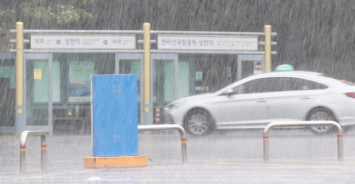 제주 한라산국립공원 성판악 휴게소에 폭우가 쏟아지고 있다. 2023.6.30/뉴스1