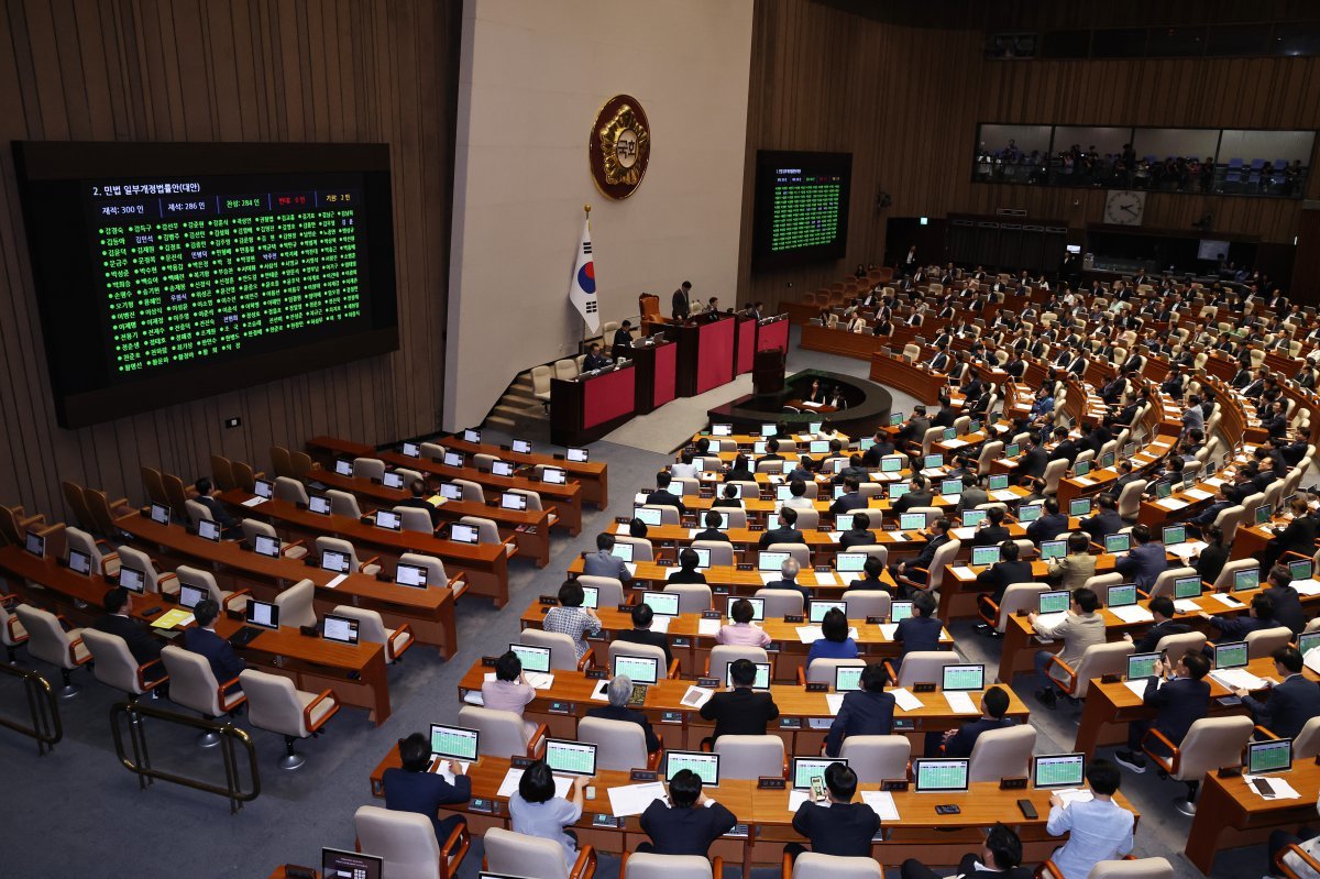 28일 오후 서울 여의도 국회에서 열린 제417회국회(임시회) 제2차 본회의에서 양육 의무를 저버린 부모는 상속권을 갖지 못하도록 한 ‘’구하라법‘’(민법 개정안)이 재적 300인, 재석 286인 중 찬성 284인, 반대 0인, 기권 2인으로 통과되고 있다. 2024.8.28/뉴스1