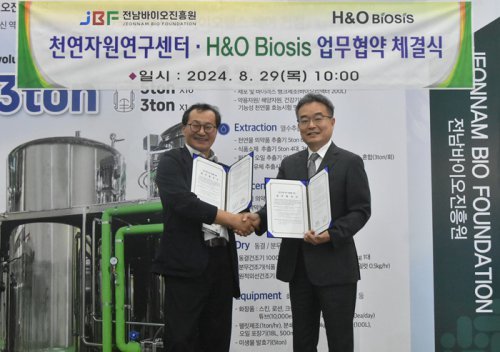 천연자원연구센터 이학성 센터장(왼쪽), H&O Biosis  박종민 대표.