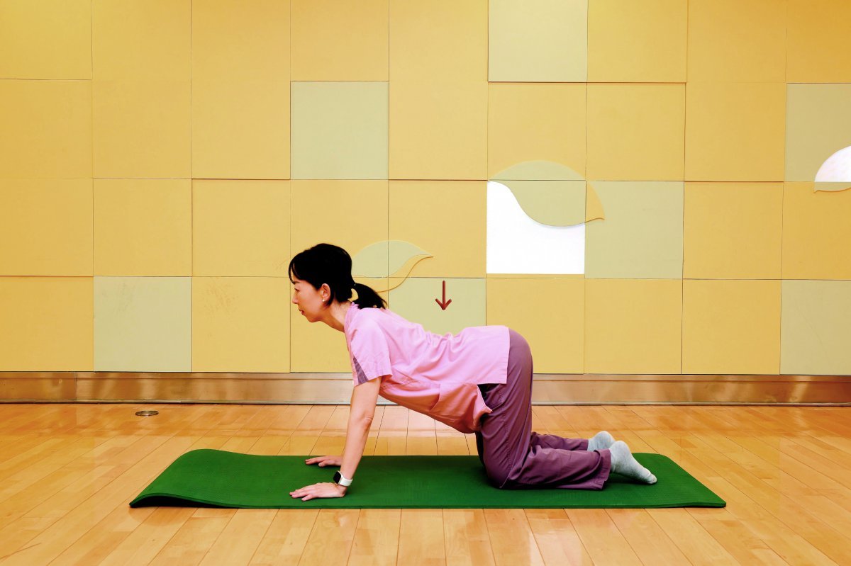 ④ Get into a crawling position on all fours. Slowly pull your spine toward the floor to make a C shape. Hold for 30 seconds and then return to the starting position. Repeat 3 times.