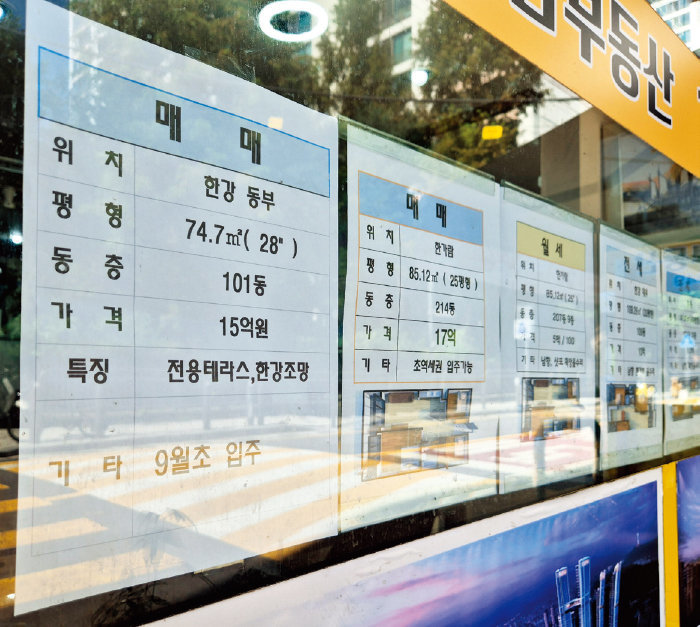 8월 28일 서울 용산구 한 부동산공인중개사사무소에 인근 아파트 매물 정보가 게시돼 있다. [임경진 기자]