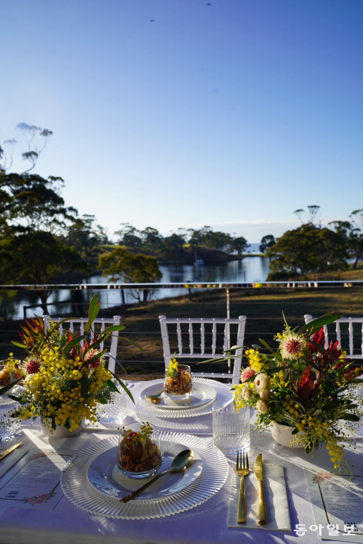 Breakfast with lakeside views from an East Gippsland farm.