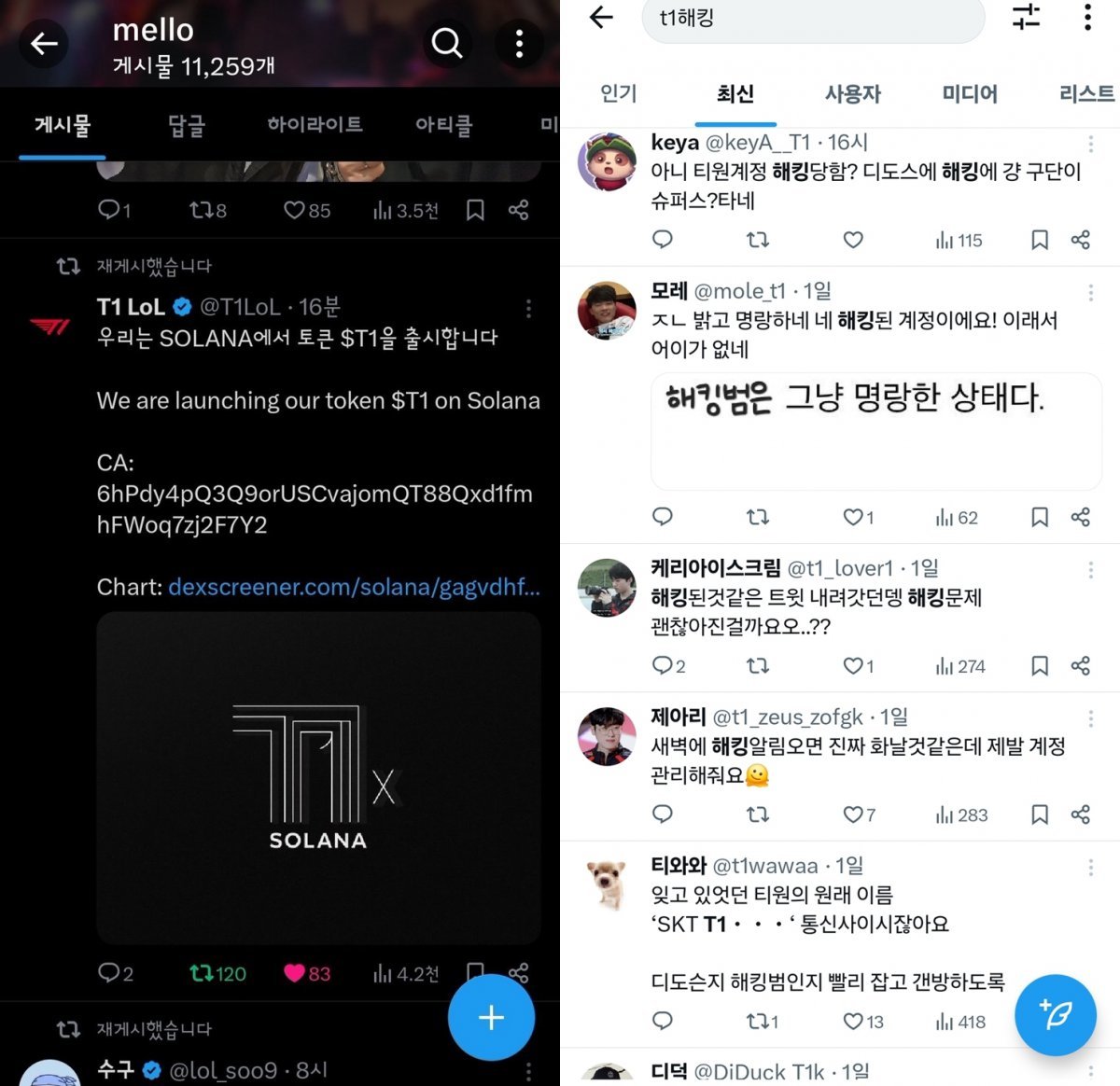 이달 3일 T1의 리그오브레전드(LOL) 공식 X 계정이 해킹되면서 암호화폐를 홍보하는 의심 게시물이 올라왔다. 이를 인지한 팬덤층의 보안강화 요구 목소리도 확인된다…(T1 계정 갈무리)/뉴스1