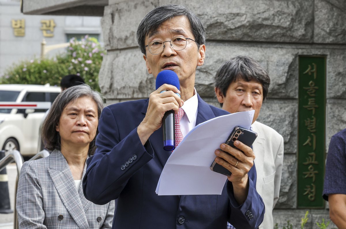 곽노현 전 서울시교육감이 5일 서울 종로구 서울시교육청 앞에서 서울시교육감 보궐선거 출마선언을 하고 있다. 2024.09.05. [서울=뉴시스]