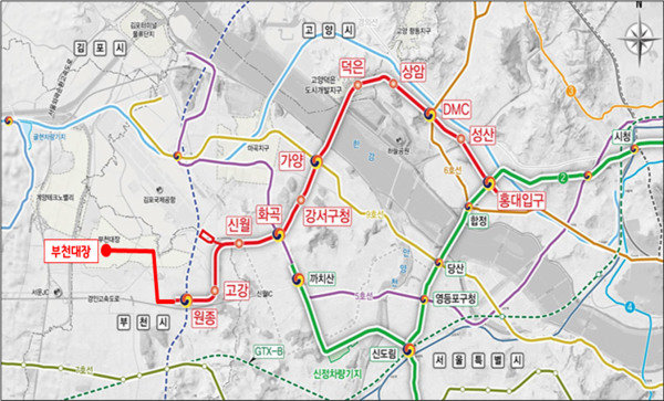 The projected route map of the Daejang-Hongdae Line connecting Daejang New Town in Bucheon, Gyeonggi Province to Hongik University Station in Mapo-gu, Seoul.