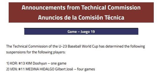 김두현과 메디나의 징계를 알리는 WBSC의 발표. (세계야구소프트볼연맹 홈페이지 캡처)