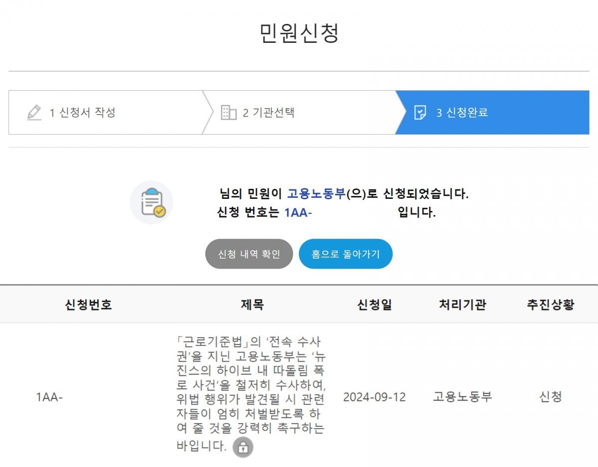 A 씨가 국민신문고를 통해 고용노동부에 민원을 접수한 화면. 보배드림 캡처