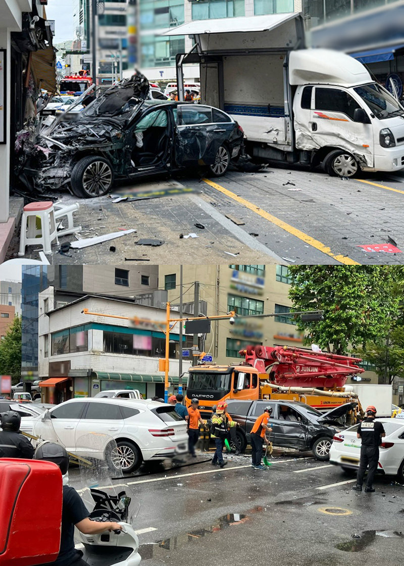 12일 오후 부산 해운대구 어귀삼거리에서 벤츠 차량이 인도로 돌진해 행인 2명이 숨졌다(위쪽 사진). 같은 날 서울 성동구 성동세무서 앞 도로에서도 과속 차량이 7중 추돌 사고를 냈다. 두 사고 모두 운전자는 70대 고령이었으며 사고 직후 급발진을 주장했다. 부산소방재난본부 제공·X 캡처