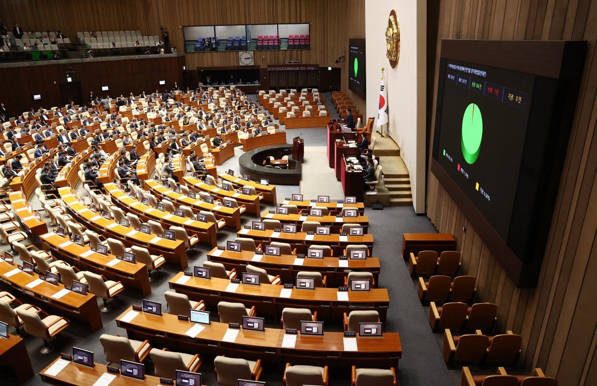 19일 오후 서울 여의도 국회에서 열린 제418회국회(정기회) 제8차 본회의에서 지역사랑상품권 이용 활성화에 관한 법률 일부개정법률안(대안)이 국민의힘 불참 속에 재적 300인, 재석 169인 중 찬성 166인, 반대 3인으로 통과되고 있다. 2024.9.19/뉴스1