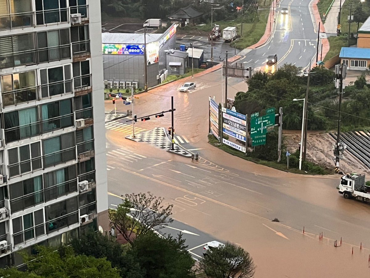 21일 오후 전남 보성군 보성여중 인근 주택가가 갑자기 쏟아지는 폭우로 물바다가 돼 있다. (독자제공) 2024.9.21. 뉴스1