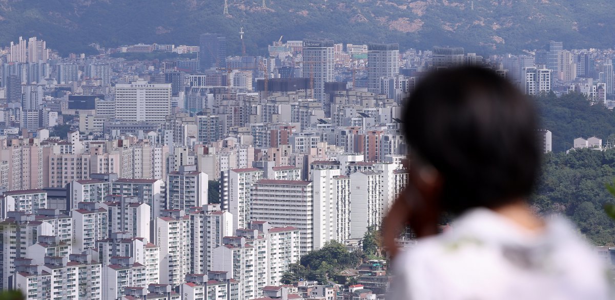 서울 남산을 찾은 관광객이 시내와 아파트단지를 바라보고 있다.  2024.9.25. 뉴스1