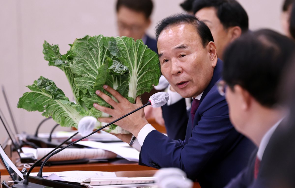 국민의힘 박덕흠 의원이 7일 오전 서울 여의도 국회에서 열린 농림축산식품해양수산위원회의 농림축산식품부에 대한 국정감사에서 배추가격 관련 질의를 하고 있다. 뉴스1