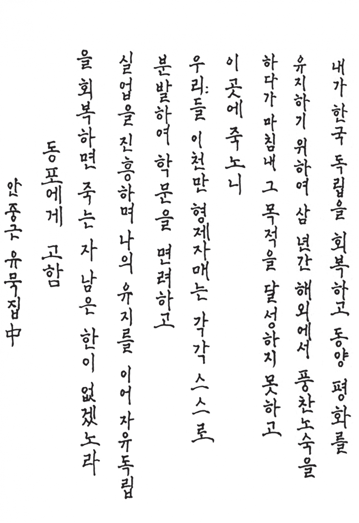 모하메드 군의 출품작. 안중근 의사가 남긴 유언 ‘동포에게 고함’을 적었다. 교보문고 제공