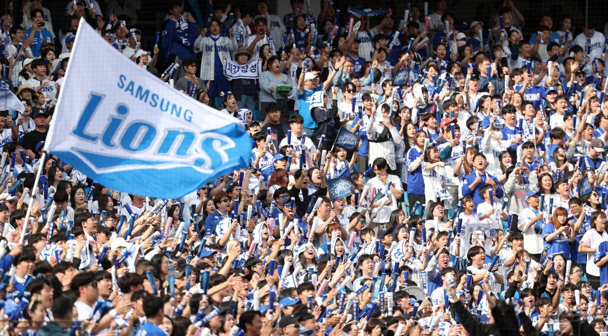 13일 오후 대구 수성구 삼성라이온즈파크에서 열린 2024 KBO 포스트시즌 플레이오프 1차전 LG 트윈스와 삼성 라이온즈의 경기, 삼성 팬들이 응원을 펼치고 있다. 2024.10.13. 뉴시스