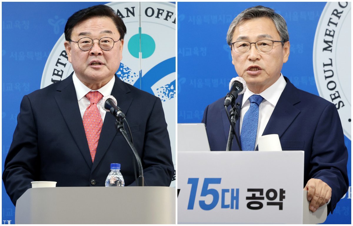 10·16 서울시교육감 보궐선거에 출마한 보수 진영 조전혁 후보(왼쪽)와 진보 진영 정근식 후보. /뉴스1