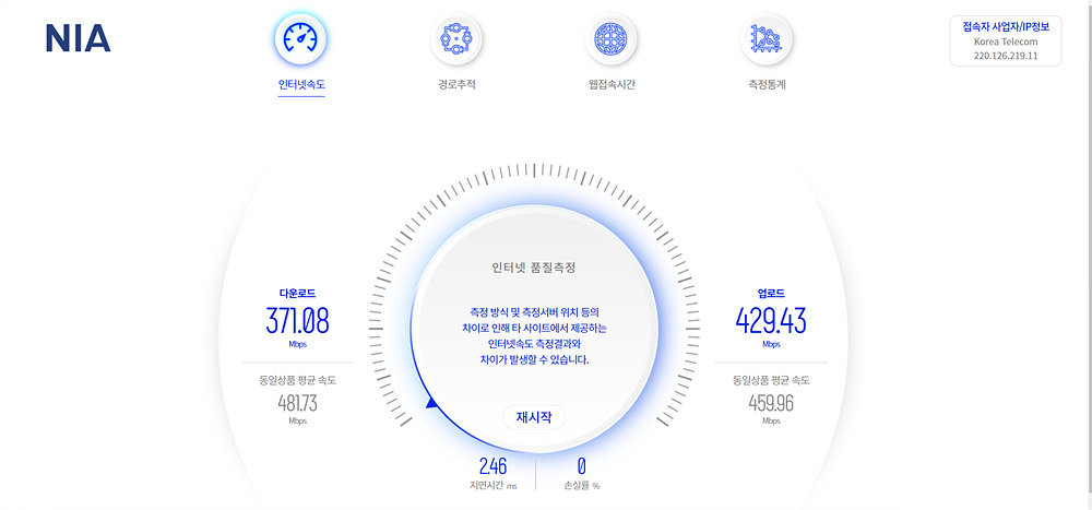 측정된 다운로드, 업로드, 지연 시간, 손실률 값이 나온다 / 출처=NIA 캡처