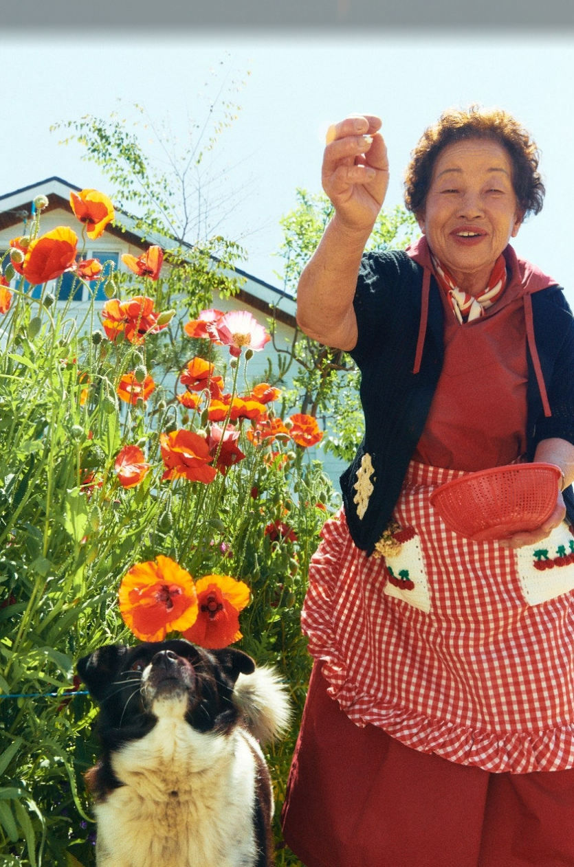 본인의 이름을 ‘개가 워리워리 짖는다’해서 월이라고 말하는 서월이 할머니. 옆에는 애견 아롱이. 서 할머니는 늘 꽃씨를 받아 여기저기 나눠주는 일을 즐긴다. ‘여든 너머’ 프로젝트의 일환으로 김상곤 사진작가가 찍었다.  로컬리티: 제공