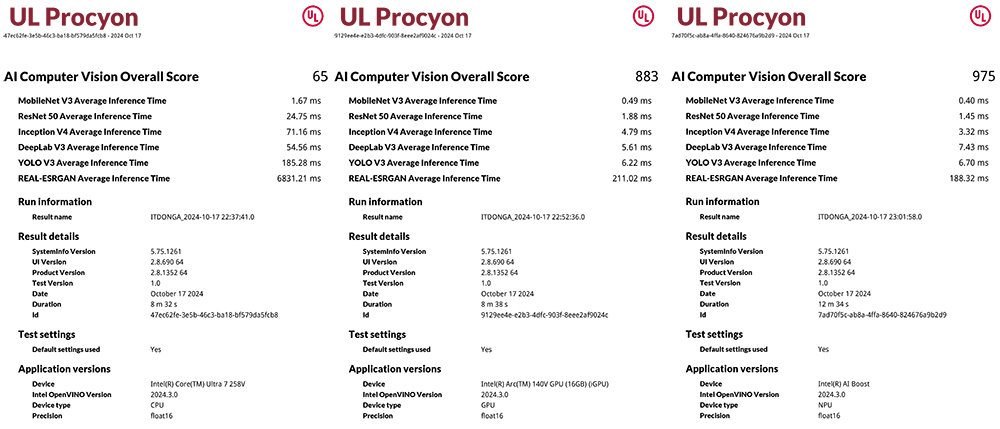 좌측부터 CPU, GPU, NPU의 AI 테스트 결과 / 출처=IT동아