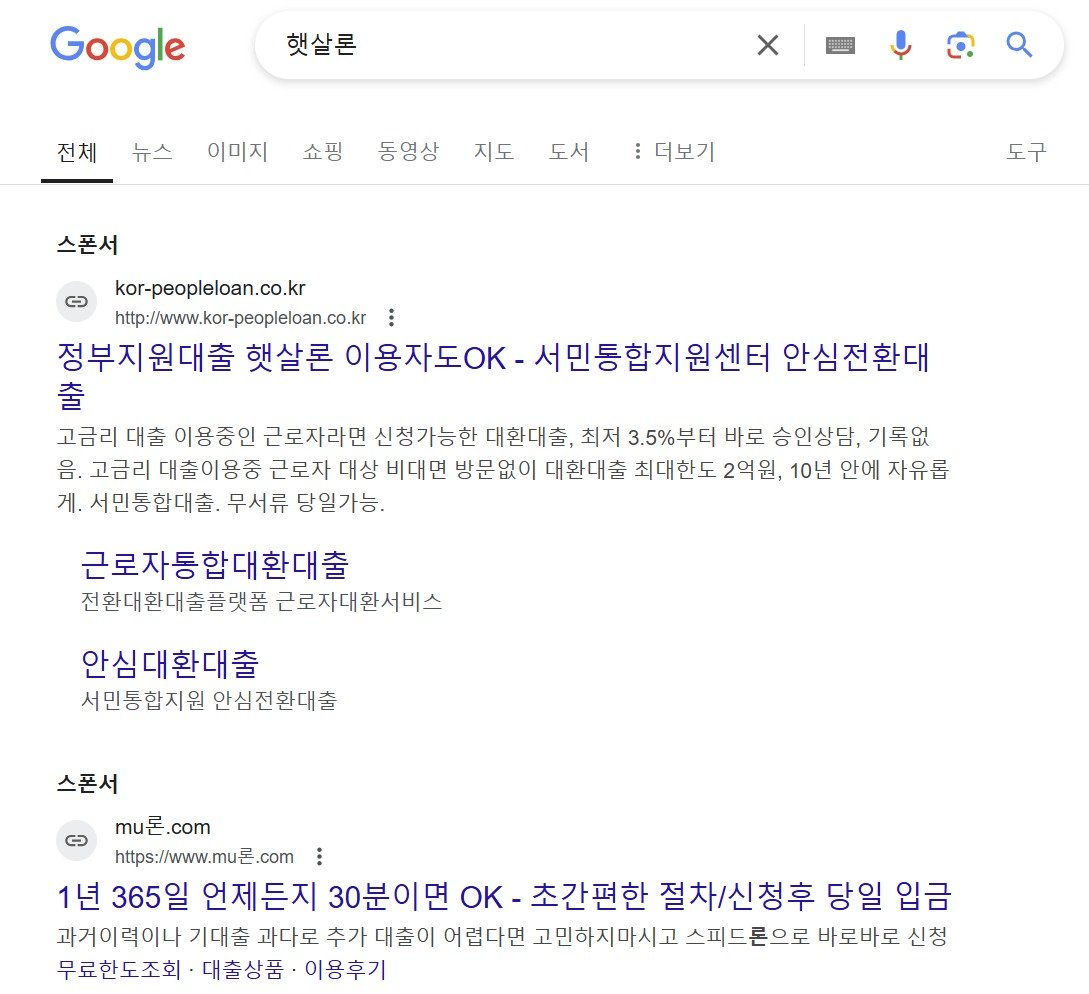 구글에서 ‘햇살론’을 검색한 화면 캡처