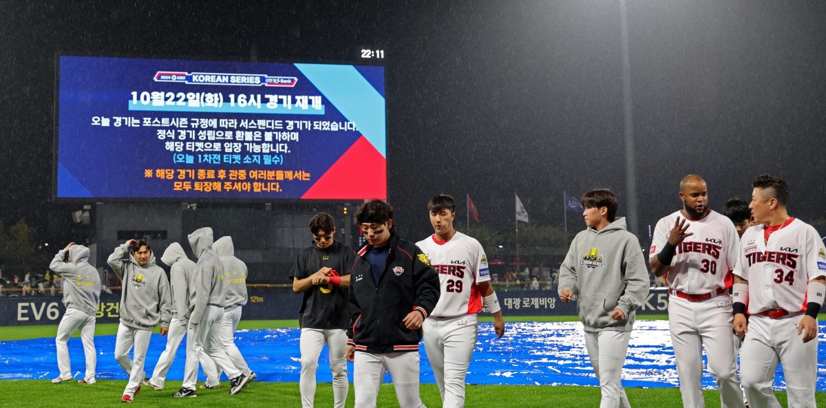 21일 광주 북구 광주-기아챔피언스필드에서 열린 2024 KBO 포스트시즌 한국시리즈 1차전 삼성 라이온즈와 KIA 타이거즈의 경기, 6회초 우천으로 서스펜디드 게임이 선언되자 KIA 선수들이 팬들에게 인사를 하고 덕아웃으로 들어가고 있다. 경기는 22일 16시 재개된다 2024.10.21.[광주=뉴시스]