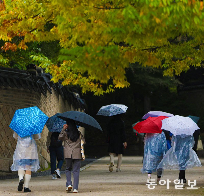 가을비 맞으며 창덕궁 산책 22일 서울 종로구 창덕궁에서 열린 ‘옹주, 화순―풀빛 원삼에 쓴 연서의 비밀’ 투어에 참여한 관람객들이 비를 맞으며 궁을 둘러보고 있다. 기상청에 따르면 21일부터 전국적으로 내린 가을비는 23일 오후 잦아들 것으로 전망된다. 23일 아침 최저기온은 8∼16도로 예상된다. 박형기 기자 oneshot@donga.com