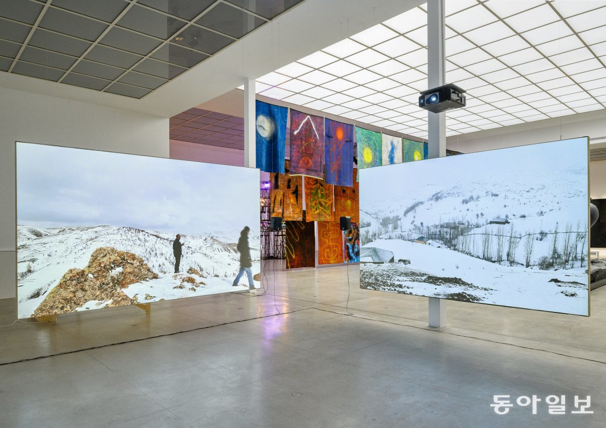 Forms of the Shadow, installation view with works by Nilbar Güreş (front), Minouk Lim (back), Secession 2024, photo_ Iris Ranzinger