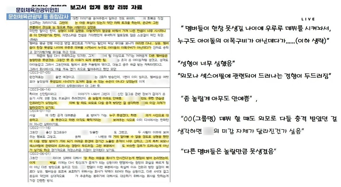 민 의원이 국정감사에서 공개한 하이브의 업계 동향 자료. 유튜브 채널 ‘NATV 국회방송’ 영상 캡처