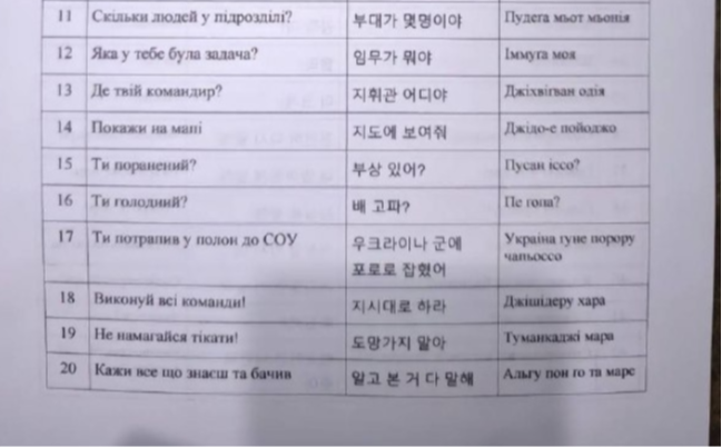 26일 친러시아 성향 텔레그램 계정이 공개한 우크라군 작성 추정 문서. 우크라이나 어, 한국어, 우크라이나어로 한국어를 음차한 표기가 차례대로 적혀있다. 북한군 군인 도착을 예상해 한국어 지침을 배포한 것으로 보인다.  사진출처 ‘Z 작전’ 텔레그램