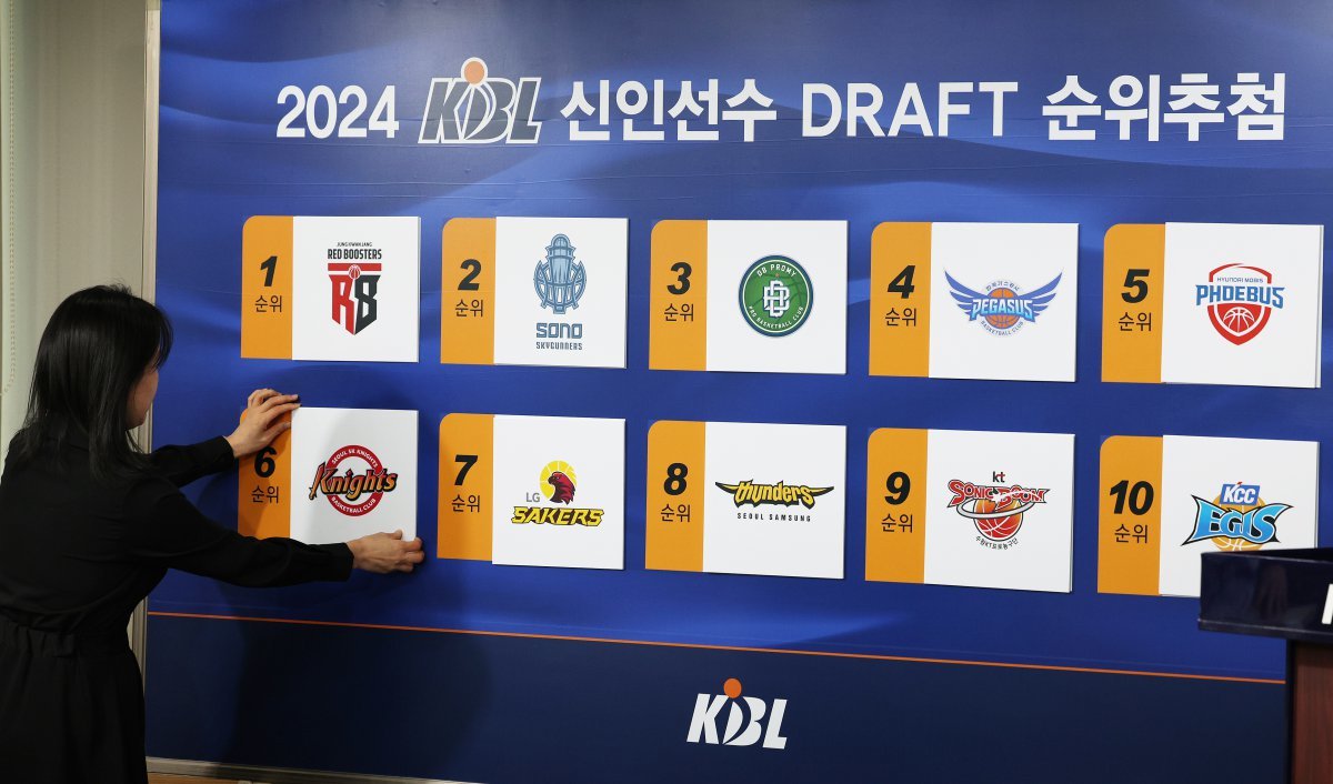 30일 오후 서울 강남구 KBL 센터에서 열린 ‘2024 KBL 신인선수 드래프트 순위추첨’에서 구단별 1라운드 순서가 결정되고 있다. 2024.10.30. 뉴스1