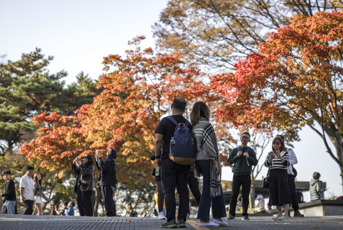 완연한 가을 날씨를 보인 31일 서울 중구 남산을 찾은 여행객들이 울긋불긋 빛깔로 물든 단풍을 배경으로 사진찍고 있다. 2024.10.31. 뉴시스