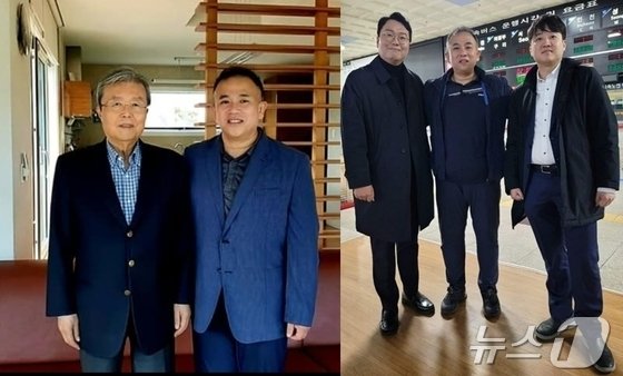 명태균 씨가 김종인 전 국민의힘 비대위원장(왼쪽), 천하람· 이준석 개혁신당 의원과 함께한 모습. (SNS 갈무리)