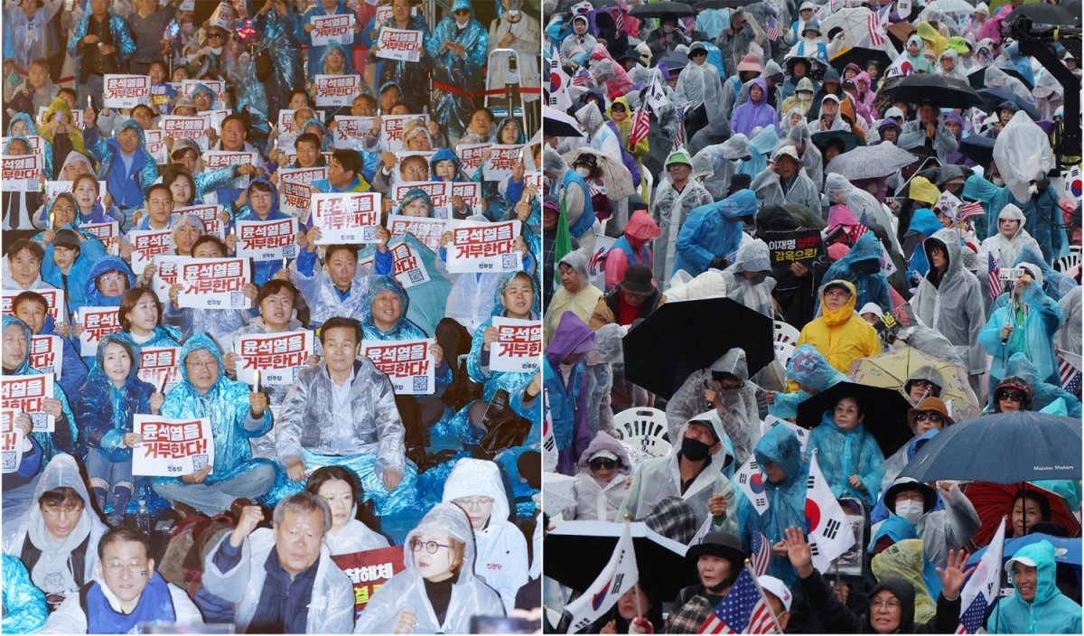 주말 광화문서 ‘尹 정권 규탄’-‘李 구속 촉구’ 집회 더불어민주당 이재명 대표에 대한 1심 선고 다음 날인 16일 서울 광화문 인근에서 윤석열 정권을 규탄하는 민주당 주최 장외집회와 이에 맞선 보수단체의 ‘이재명 구속 촉구’ 집회가 각각 열렸다. 왼쪽 사진은 ‘윤석열을 거부한다’는 손팻말을 들고 시위를 벌이는 이 대표 지지자들의 모습. 보수단체의 맞불집회 현장(오른쪽 사진)에선 ‘이재명을 감옥으로’라고 적힌 손팻말이 등장했다. 뉴스1