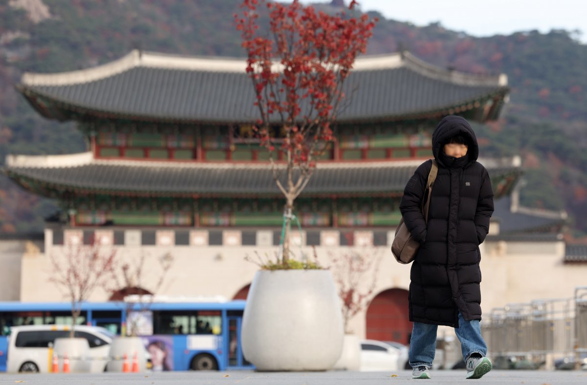 추위가 이어진 19일 오전 서울 종로구 광화문광장에서 두꺼운 옷차림을 한 시민이 발걸음을 옮기고 있다. 2024.11.19 서울=뉴시스