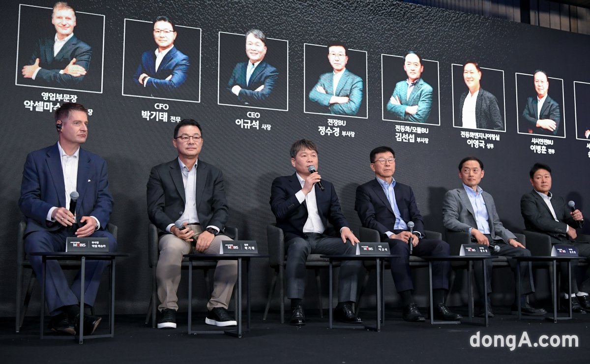 현대모비스 2024 CEO 인베스터데이에 참석한 경영진. 이규석 현대모비스 사장(왼쪽 3번째)이 발언하고 있다.