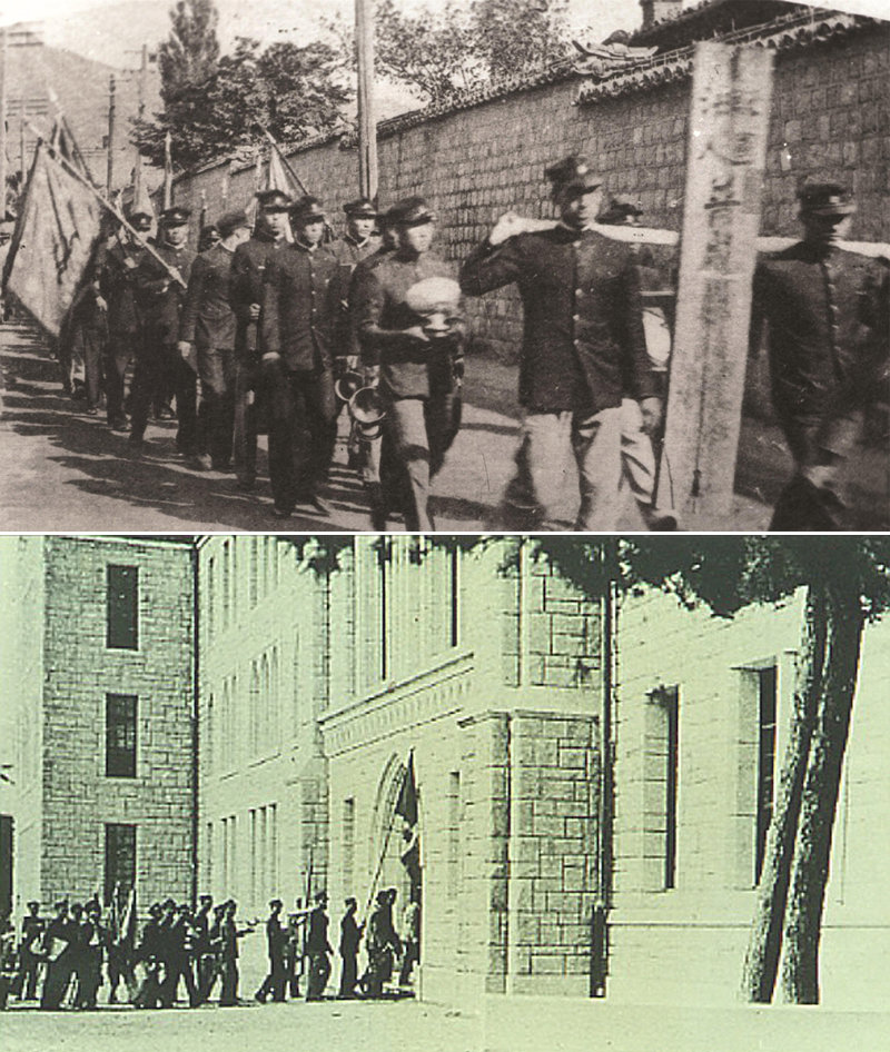 1934년 9월 28일 고려대 전신인 보성전문학교 학생들이 교기와 학교 간판을 들고 송현동 구교사를 떠나고 있다(위쪽 사진). 아래쪽 사진은 학생들이 새롭게 지어진 안암동 본관으로 들어가는 모습. 고려대 제공