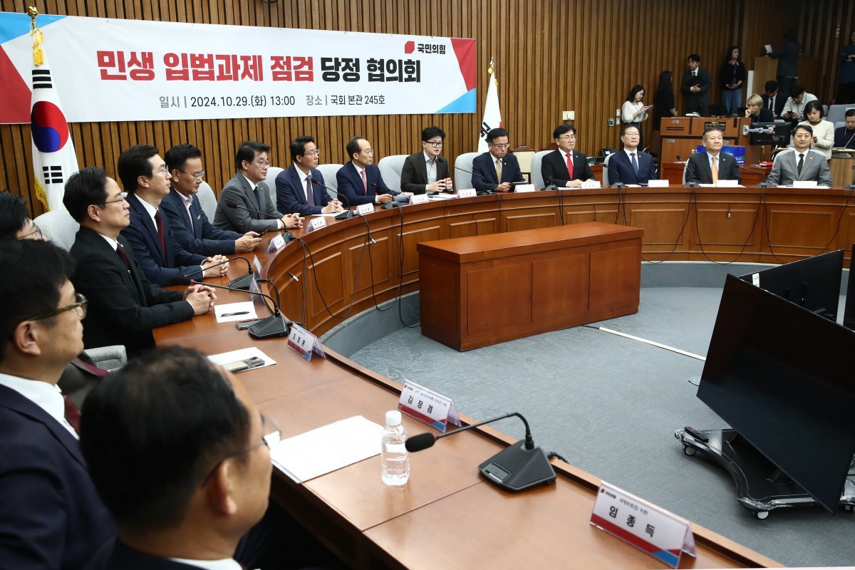 한동훈 국민의힘 대표가 29일 오후 서울 여의도 국회에서 열린 민생 입법과제 점검 당정협의회에서 발언하고 있다. 2024.10.29/뉴스1