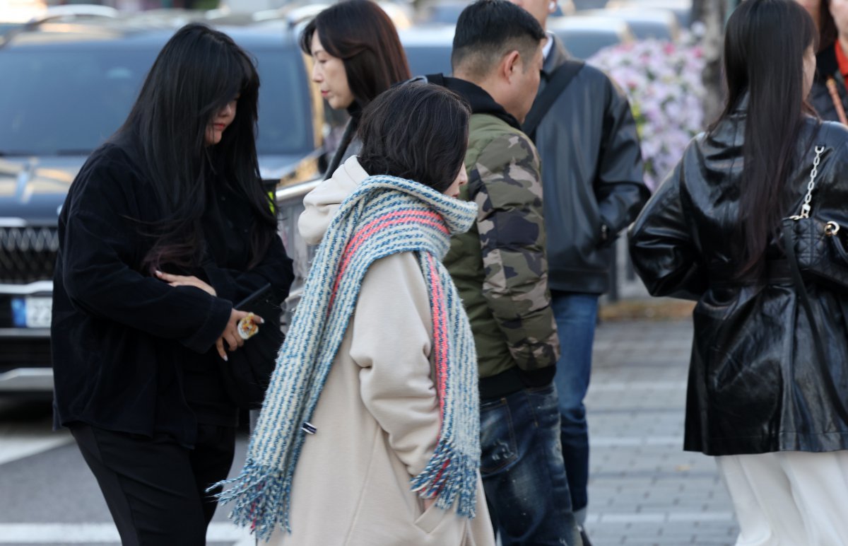 6일 서울 도심에서 두꺼운 옷차림을 한 시민들이 출근길 발걸음을 재촉하고 있다. 2024.11.6/뉴스1