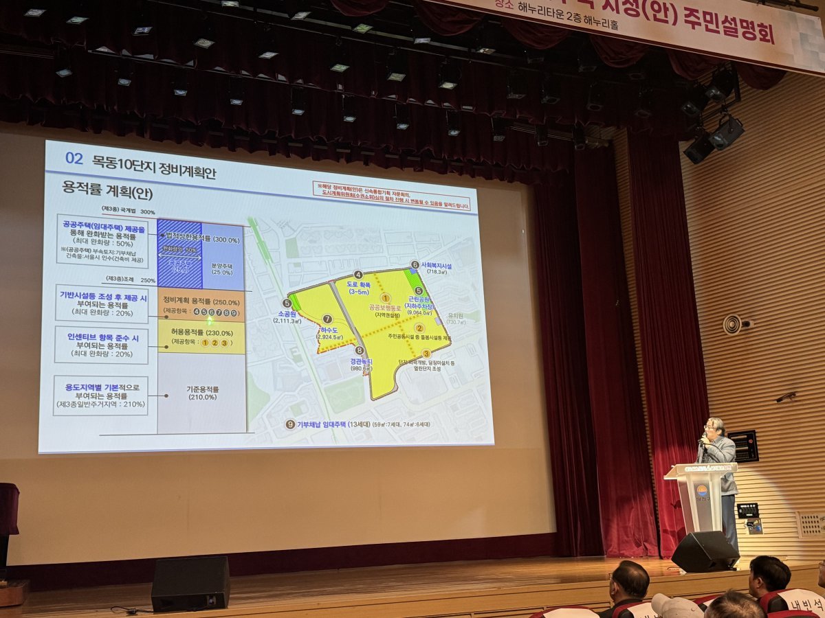 22일 오후 열린 ‘목동10단지 재건축 정비계획 수립 및 정비구역 지정안 주민설명회’의 모습. 2024.11.22 뉴스1