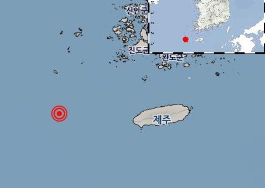 지난 24일 오후 8시35분쯤 제주시 서쪽 128㎞ 해역에서 발생한 규모 2.6의 지진. (기상청 제공)