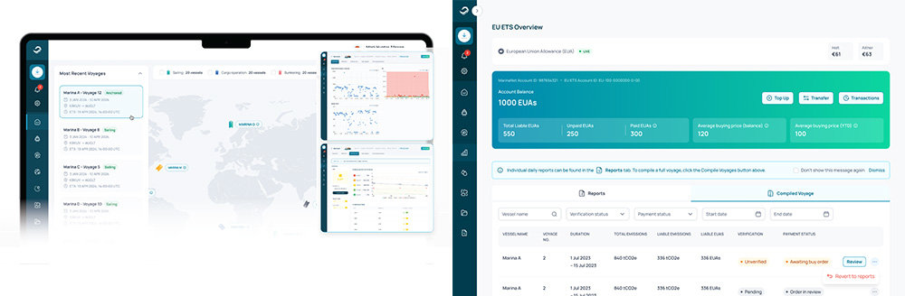 선박의 각종 정보를 확인할 수 있는 마리나넷(좌), EU 탄소배출권 구매 및 관리 페이지 / 출처=마리나체인