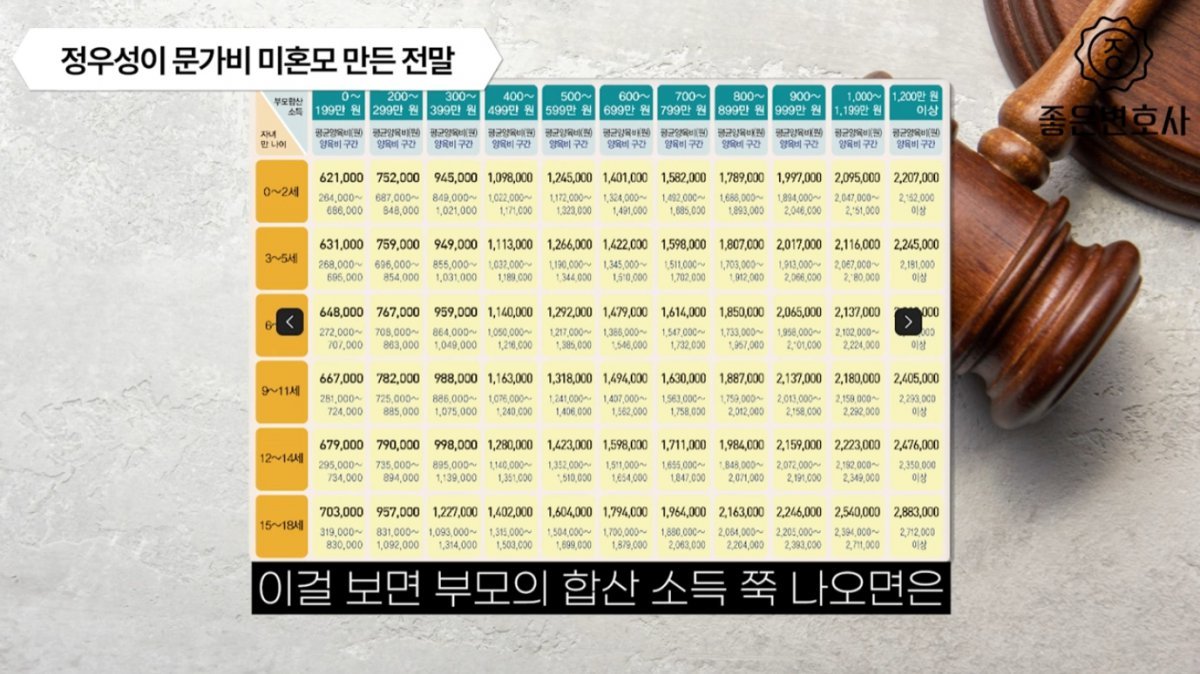 소득구간별 양육비 표. 유튜브 채널 ‘좋은변호사 - 남녀문제연구소 [안변TV]’ 갈무리