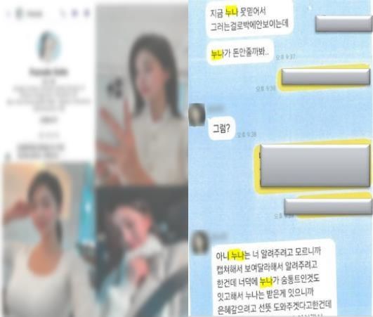 한국계 여성 사진을 SNS 프로필에 이용한 모습(왼쪽)과 연애 감정을 쌓으며 투자를 권유하는 SNS 대화방 내용. (사진=부산경찰청 제공) 2024.11.26. 뉴시스