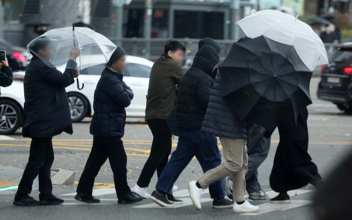 비가 내리고 찬 바람이 불고 있는 26일 서울 중구의 한 거리에서 시민들이 우산을 쓰고 지나가고 있다. 2024.11.26. 뉴시스