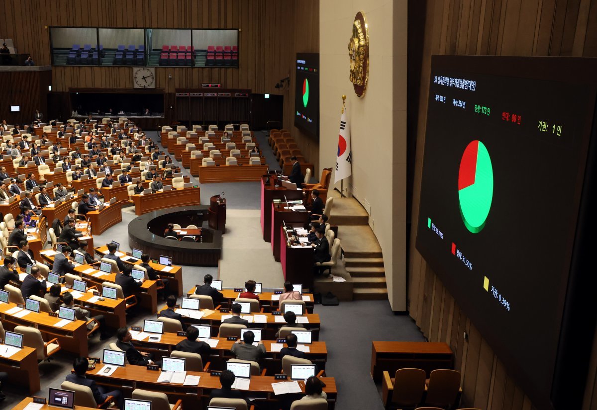 우원식 국회의장이 28일 오후 서울 여의도 국회에서 열린 제418회국회(정기회) 제13차 본회의에서 양곡관리법 일부개정법률안(대안) 가결을 선언하고 있다. 2024.11.28. [서울=뉴시스]