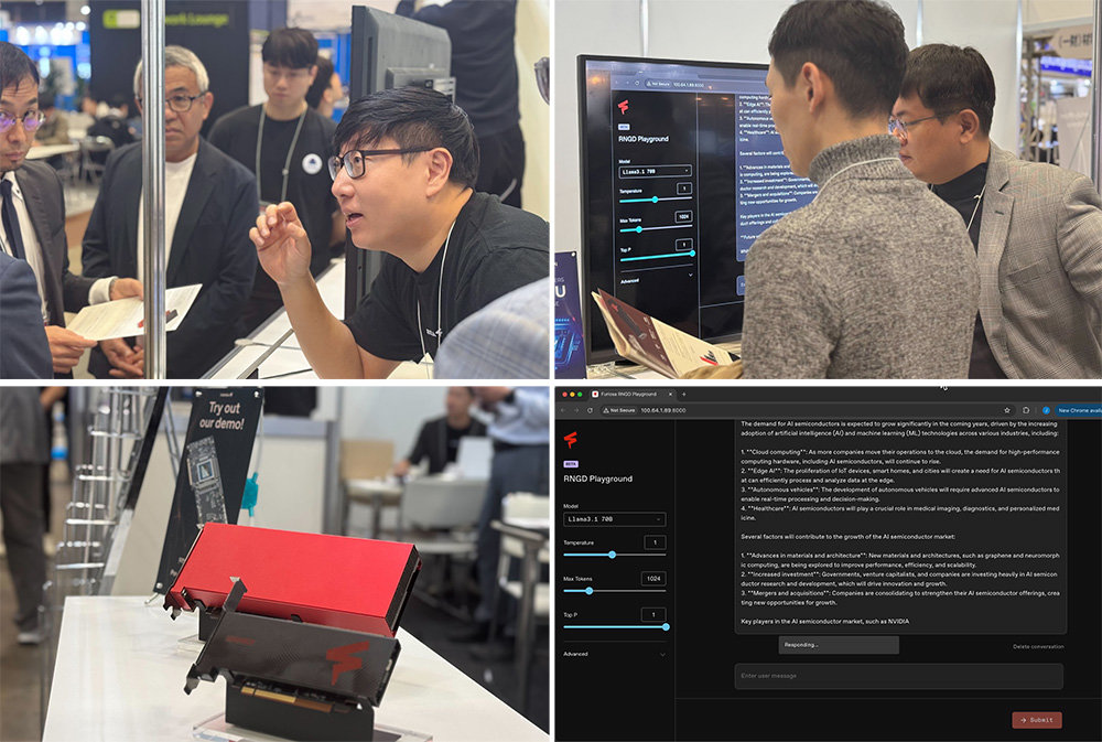 AI 엑스포 도쿄에서 퓨리오사AI 임직원들이 2세대 반도체 RNGD 및 1세대 반도체 워보이의 성능 시연, 설명 등을 하고 있다 / 출처=IT동아