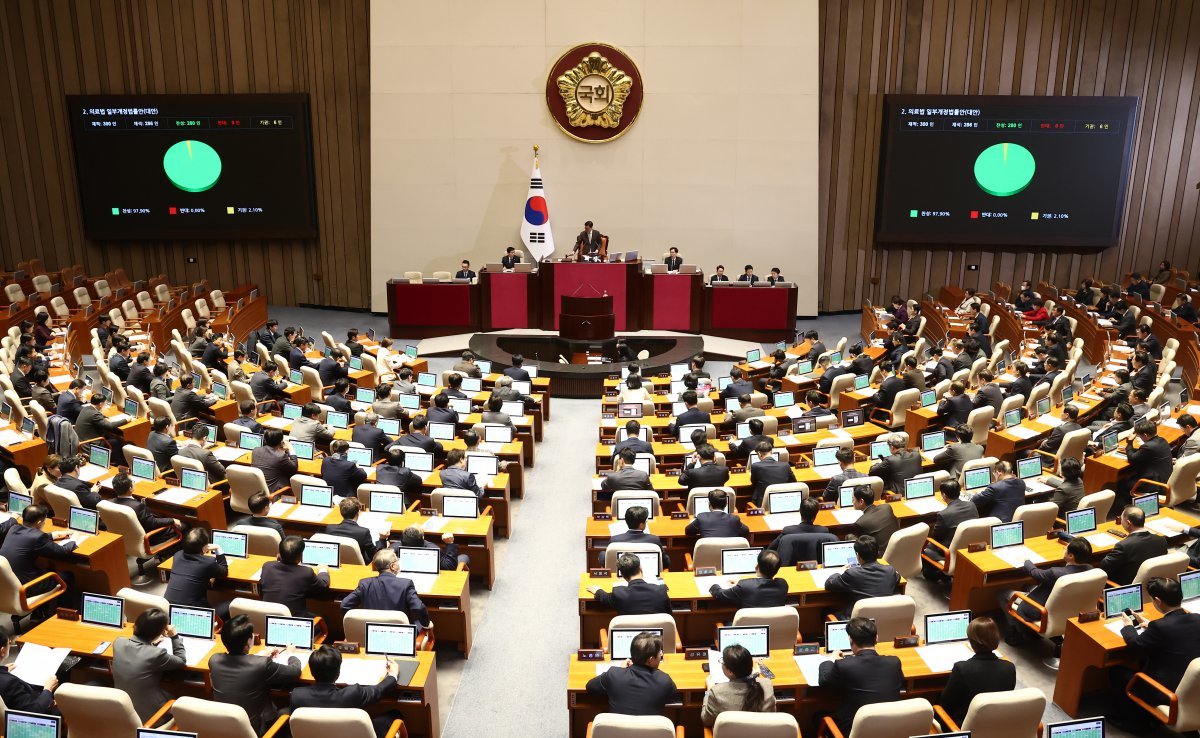 2일 오후 서울 여의도 국회에서 열린 제418회국회(정기회) 제14차 본회의에서 의료법 일부개정법률안(대안)이 재적 300인, 재석 286인, 찬성 280인, 반대 0인, 기권 6인으로 통과되고 있다. 2024.12.2/뉴스1