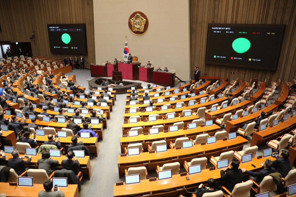 “비상계엄 해제” 전원 찬성 통과
윤석열 대통령이 비상계엄령을 선포한 가운데 4일 새벽 서울 여의도 국회 본회의장에서 열린 본회의에서 비상계엄 해제 요구 결의안이 통과되고 있다. 우원식 국회의장은 “국회 의결에 따라 대통령은 즉시 비상계엄을 해제해야 한다. 이제 비상계엄 선포는 무효”라고 밝혔다. 뉴스1