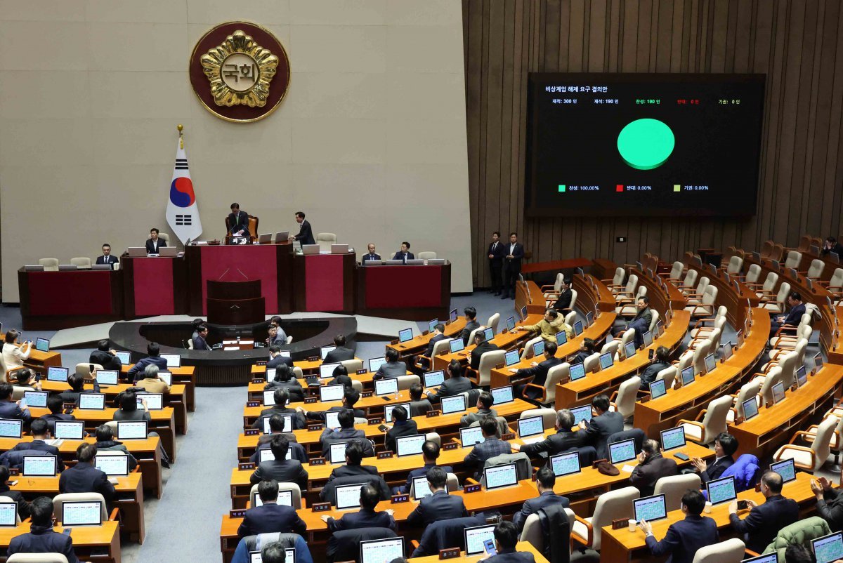 윤석열 대통령이 비상계엄령을 선포한 가운데 4일 새벽 서울 여의도 국회 본회의장에서 열린 본회의에서 비상계엄 해제 요구 결의안이 통과되고 있다. 뉴시스