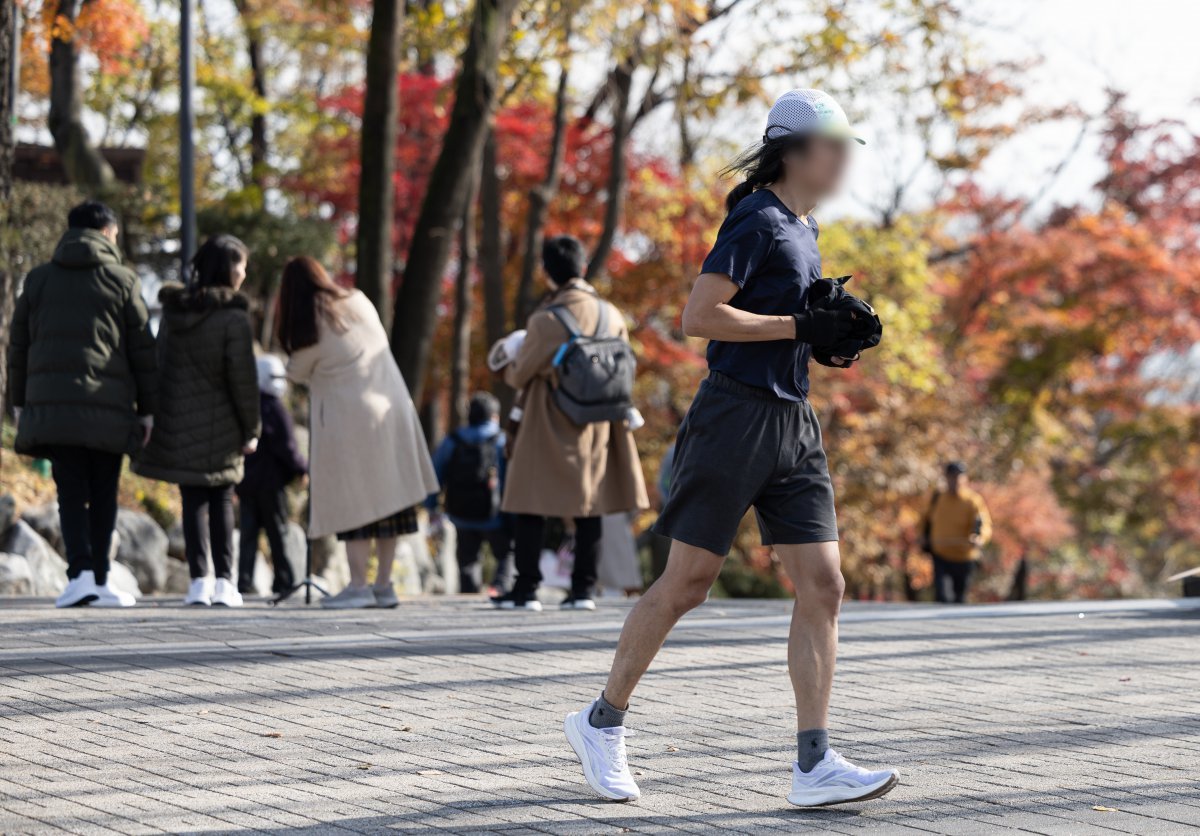 포근한 날씨를 보인 25일 서울 용산구 남산에서 얇은 옷차림을 입은 시민이 러닝을 하고 있다.2024.11.25/뉴스1